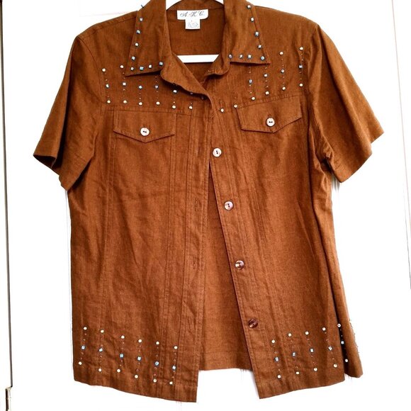 Button Up Brown Blouse Top Beads Size Large Linen Blend Short Sleeve - Picture 1 of 7